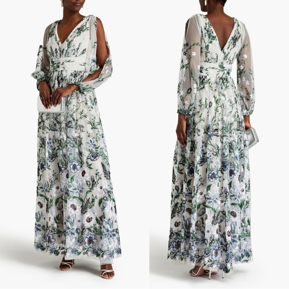 Floral Long Sleeve Dress - Green and Cream